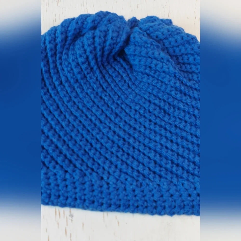 Pretty Cool Blue Adult Beanie Handmade Crochet Hat Winter Christmas Gift Warm - Picture 3 of 8